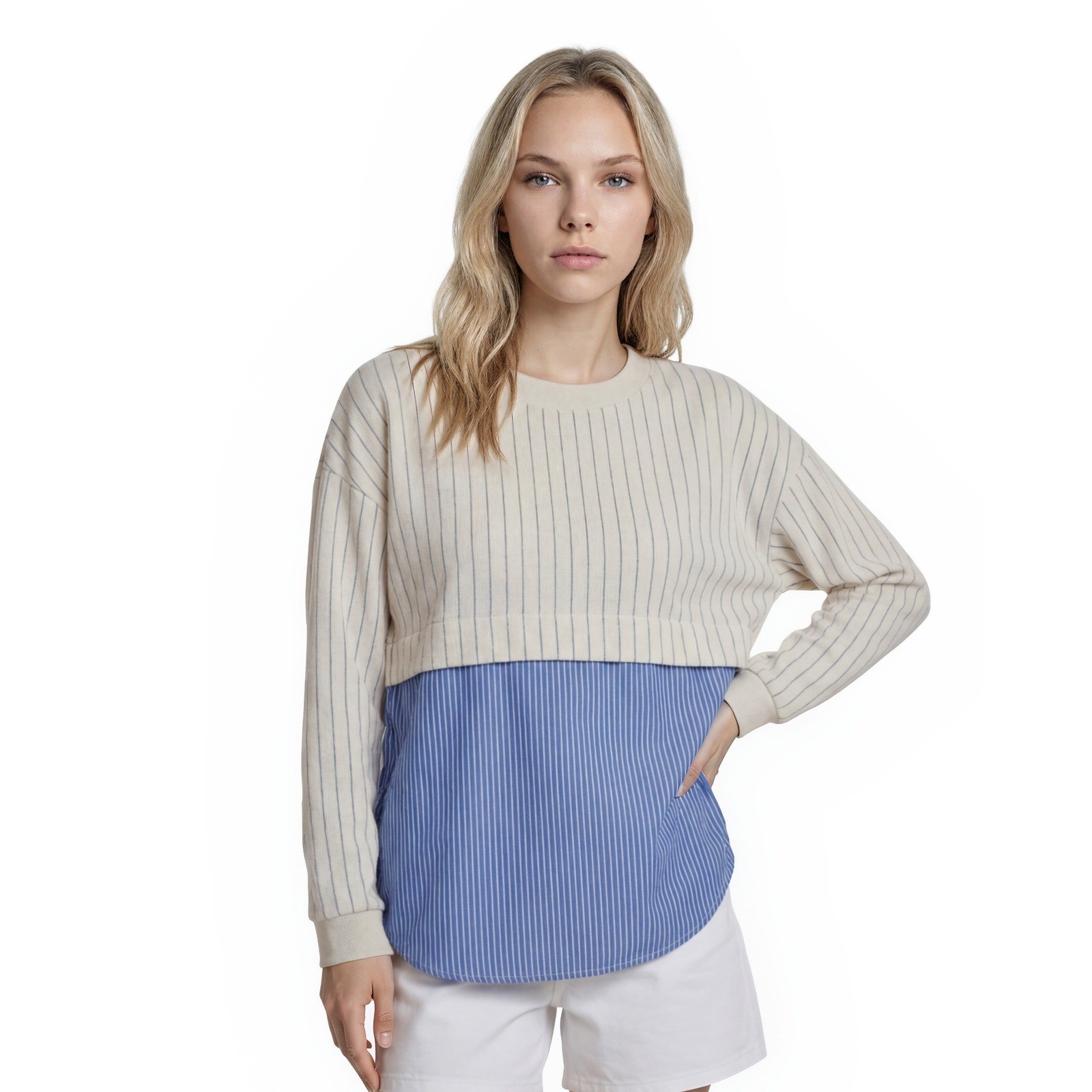 Anthropologie Mixed Media Top Women's Size Small Blue White Pinstripe Tie Back
