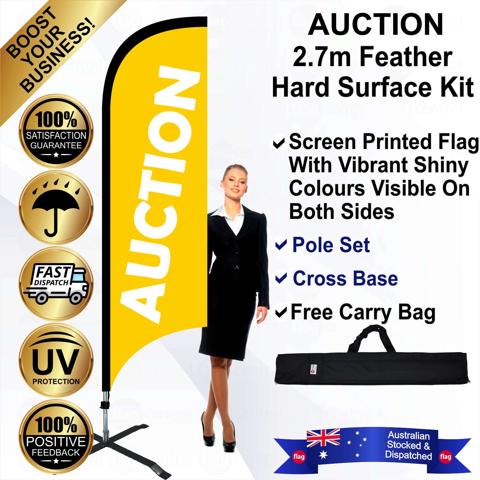 AUCTION Yellow 2.7m Feather Flag / Banner Kit with Pole Set, Steel Outdoor Cross Base and a Free Carry Bag
