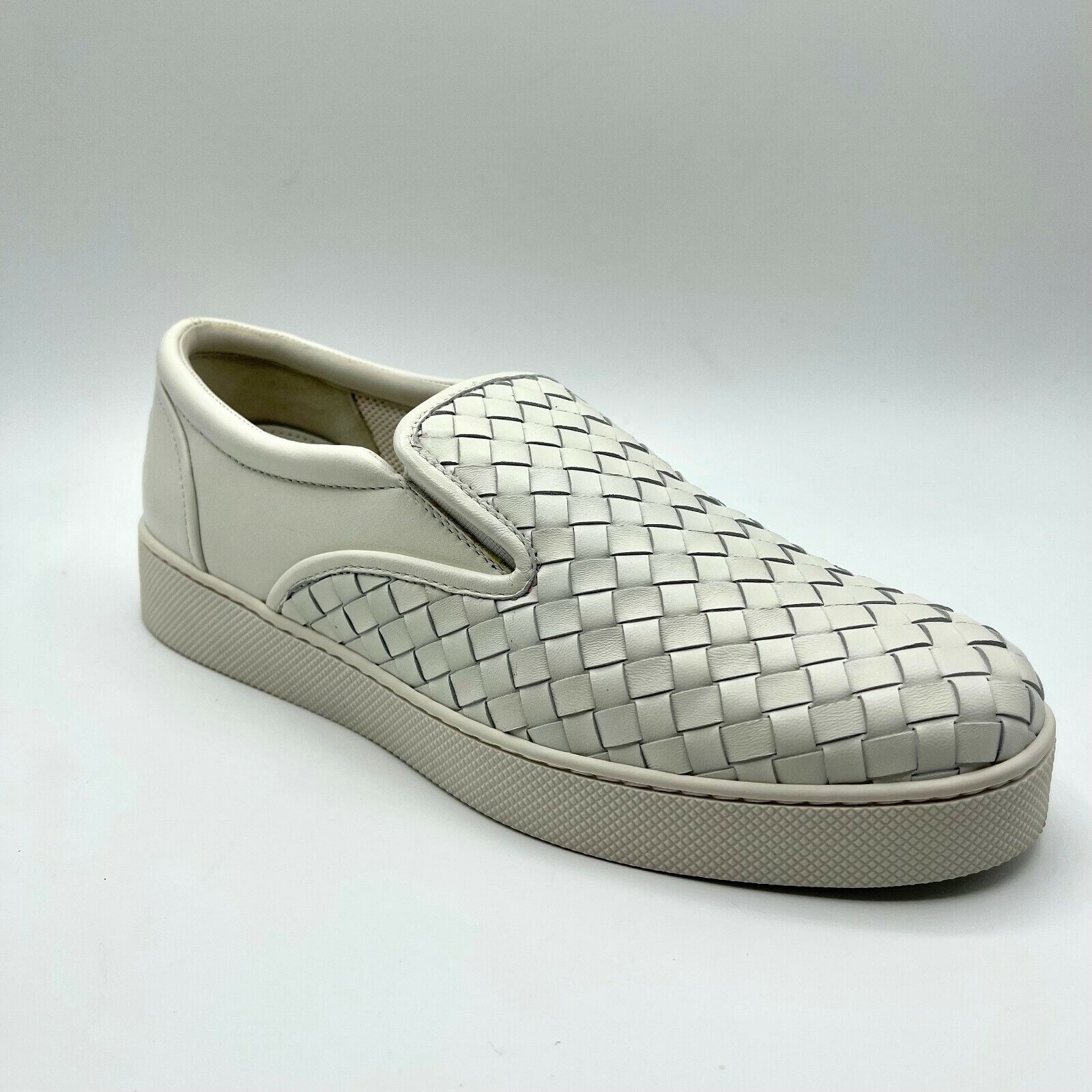 Pre-owned Bottega Veneta $680  Women's White Leather Woven Slip On Sneakers 370760 9000