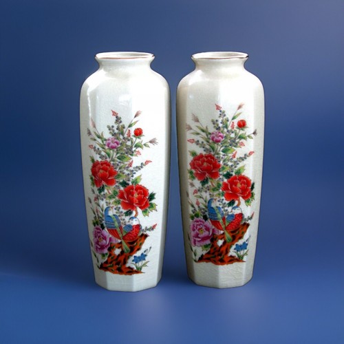 Pair of Japanese White Porcelain 11” Vases with Floral Bird