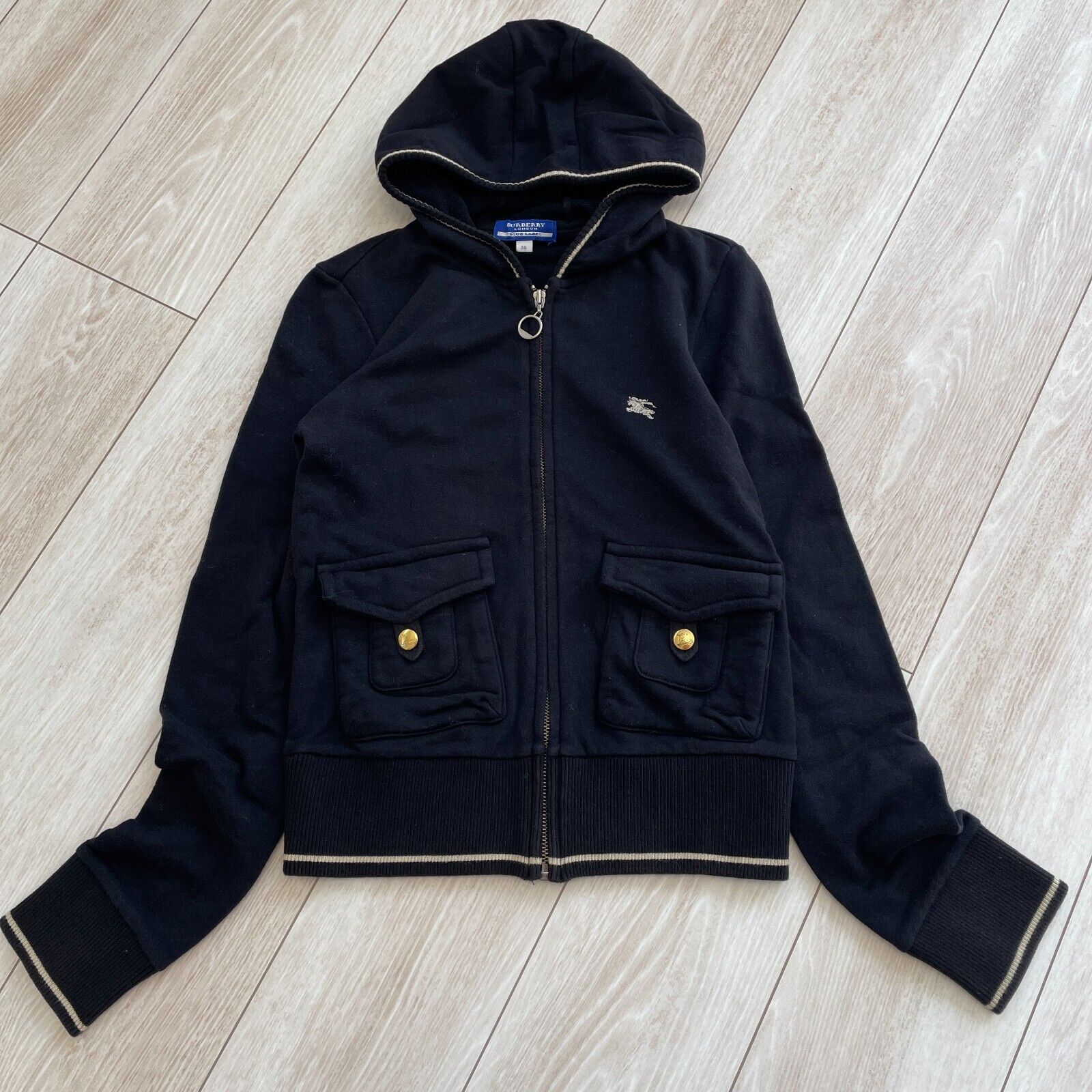 Burberry Blue Label Hoodie Iconic Logo Embroidery Black Burberry Blue Label Hoodie Iconic Logo Embroidery Black