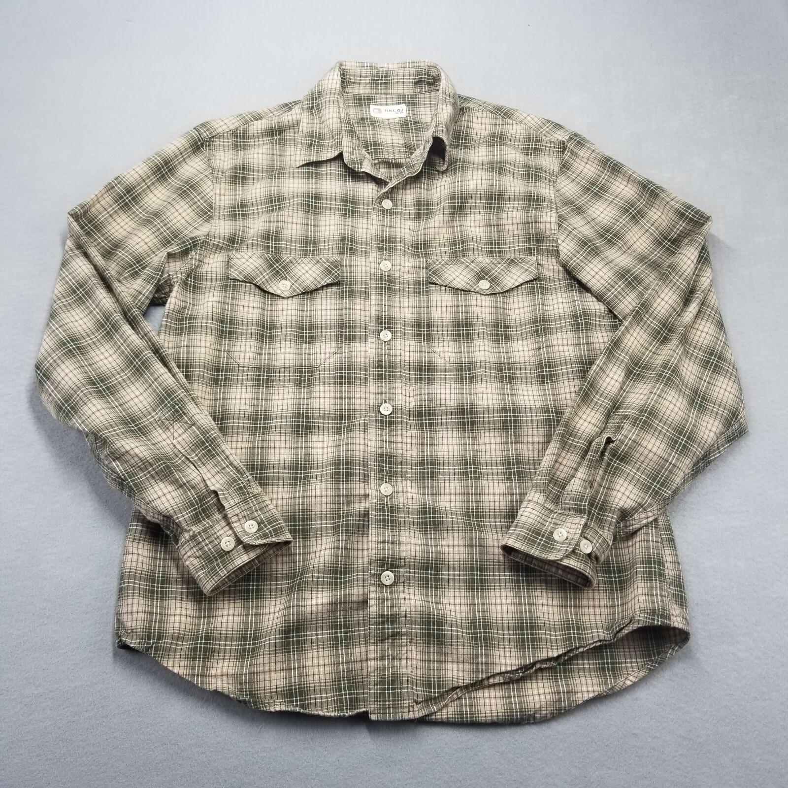 BKE 67 Buckle Button Shirt Mens M Green Beige Plaid Long Sleeve Cotton Pockets