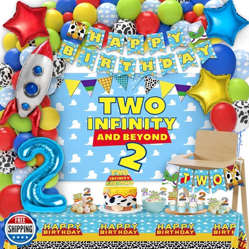 Two Infinity and Beyond Birthday Decorations - 105 Pcs Toy Inspired Story 2nd Birthday Party Supplies Include Banner, Balloons, Backdrop Film, Balloon Cake Topper, Tablecloth