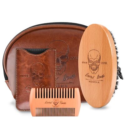 Beard Brush and Comb set Boar Bristle Hair Beard Kit with Small Leather Travel