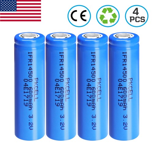 4pcs LiFePO4 Rechargeable AA Battery 14500 3.2V 600mAh Flat Top for Solar Light
