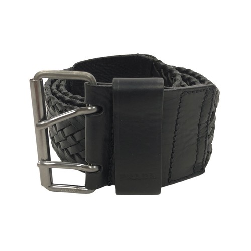 PRADA Women's Double Pin Buckle Braided Leather Wide Belt