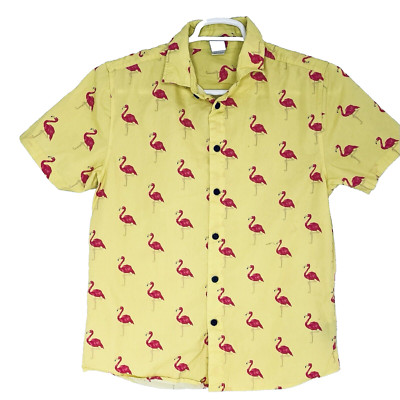 Neff Casual Shirt Flamingo Print Men's size Medium Slim Fit Yellow Cotton