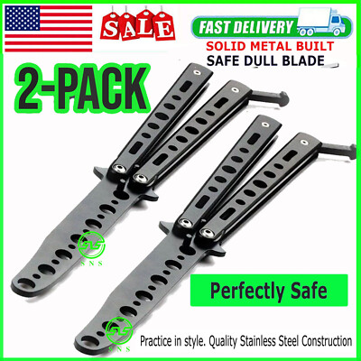 2Pack Butterfly Trainer Training Dull Tool Metal Knifes Practice Stainless BLACK