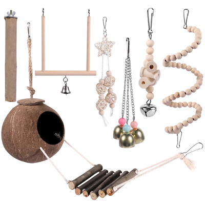 7 Piece Pet Bird Toys Coco Nest Hut Parrot Parakeet Cockatiel Cage Swing Toys