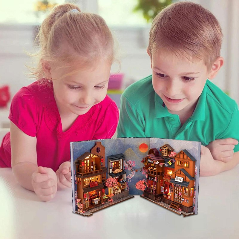 DIY Book Nook Kit 3D Japanese Street Model Miniature House Kit for Bookshelf