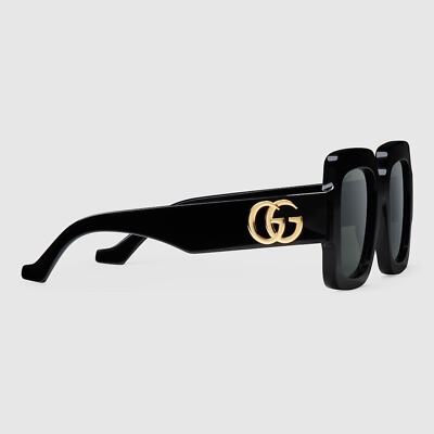 Pre-owned Gucci Gg1547s 001 Black Gold Grey Lens Women Sunglasses Square Authentic In Gray