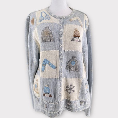 Vintage Quilt Pastel Blue Snowflake Winter Button Up Cardigan Sweater Holiday L