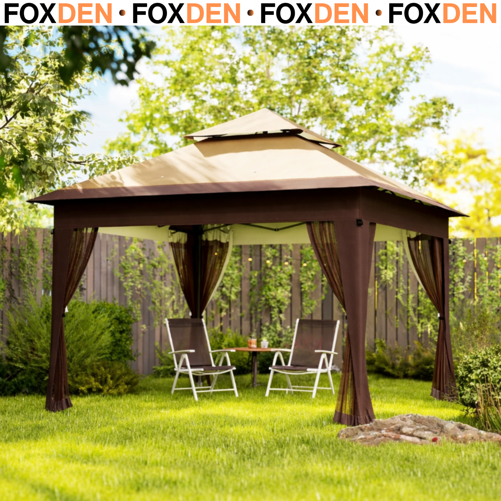 Heavy Duty Garden Pop Up Gazebo Instant Shelter Mosquito Netting Khaki 3x3m Tent