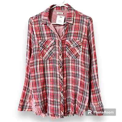 Sneak Peek small red & black plaid distressed flannel button front frayed edges
