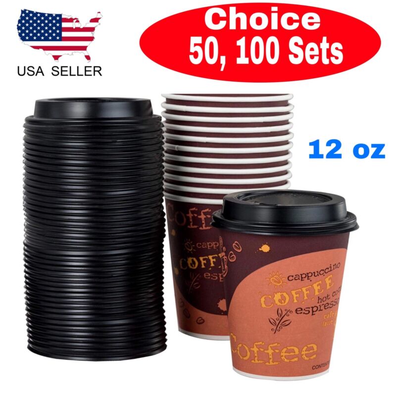 12 oz Disposable Paper Coffee Cafe Cups & Plastic Dome Lids with Hole BPA FREE