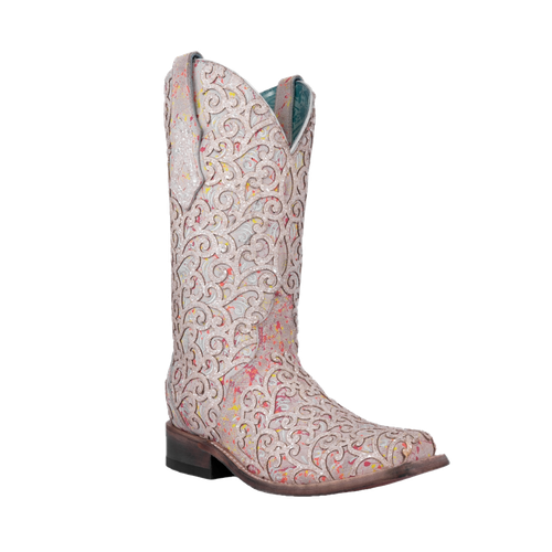 Pre-owned Corral Boots Corral Ladies White Glitter Overlay Neon Black Light Boots C4062