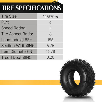 2pcs 145/70-6 ATV Go Kart Tires 4 Ply Rated Black Rubber Max Load: 156Lbs