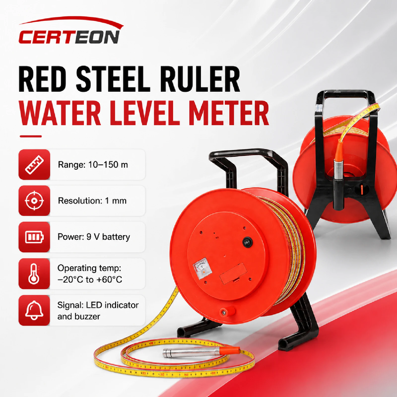 Red Steel Ruler Water Level Meter 10M-150M Electric Water Depth Gauge Buzzer Ala