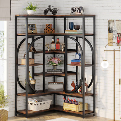 Rustic Wood Metal L-Shaped Bookcase Etagere Bookshelf Corner Storage Shelves