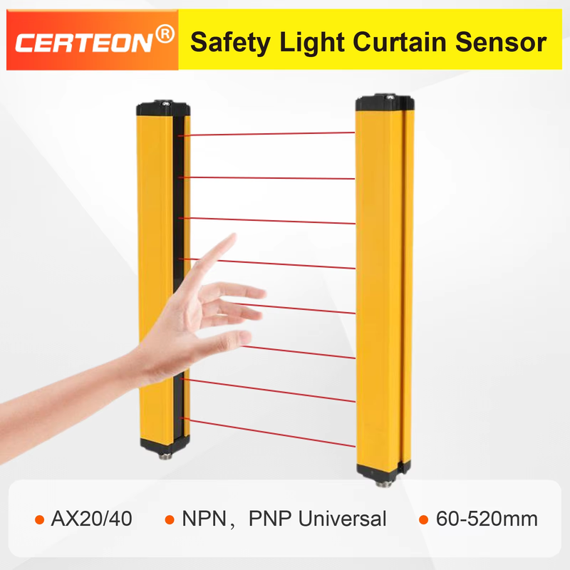 Safety Light Curtain Sensor 8/10/12/14 Beam 20mm/40mm Resolution NPN/PNP Output