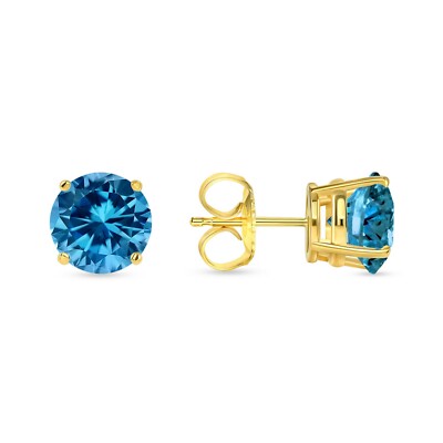 Pre-owned Shine Brite With A Diamond 6 Ct Round Cut Blue Earrings Studs Solid Real 14k Yellow Gold Push Back Basket