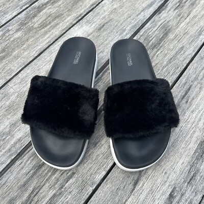Michael Kors TRIXIE Short Faux Fur Slide Sandal Black Size:9