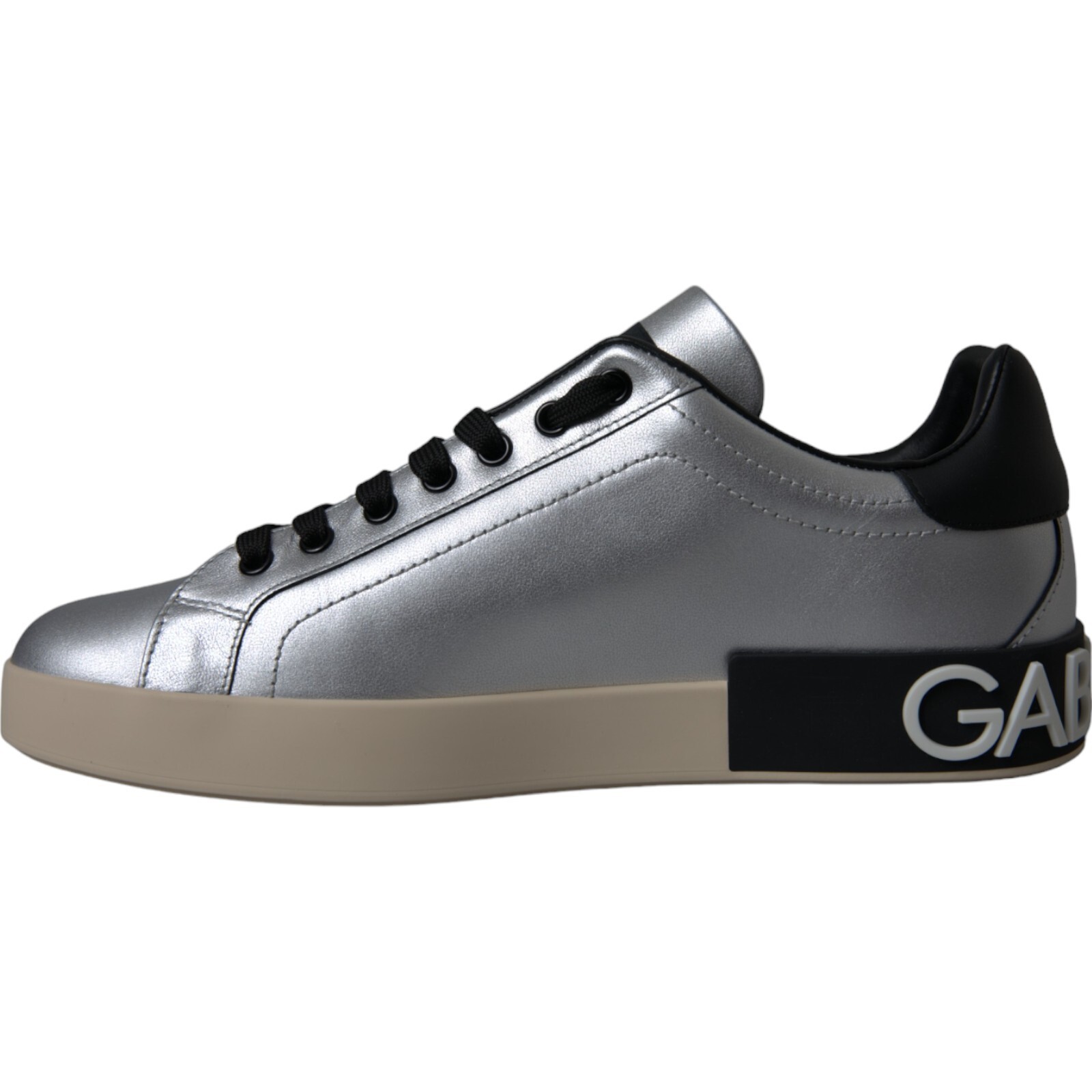 Pre-owned Dolce & Gabbana Shoes Silver Portofino Calf Leather Sneakers Mens Eu40 / Us7