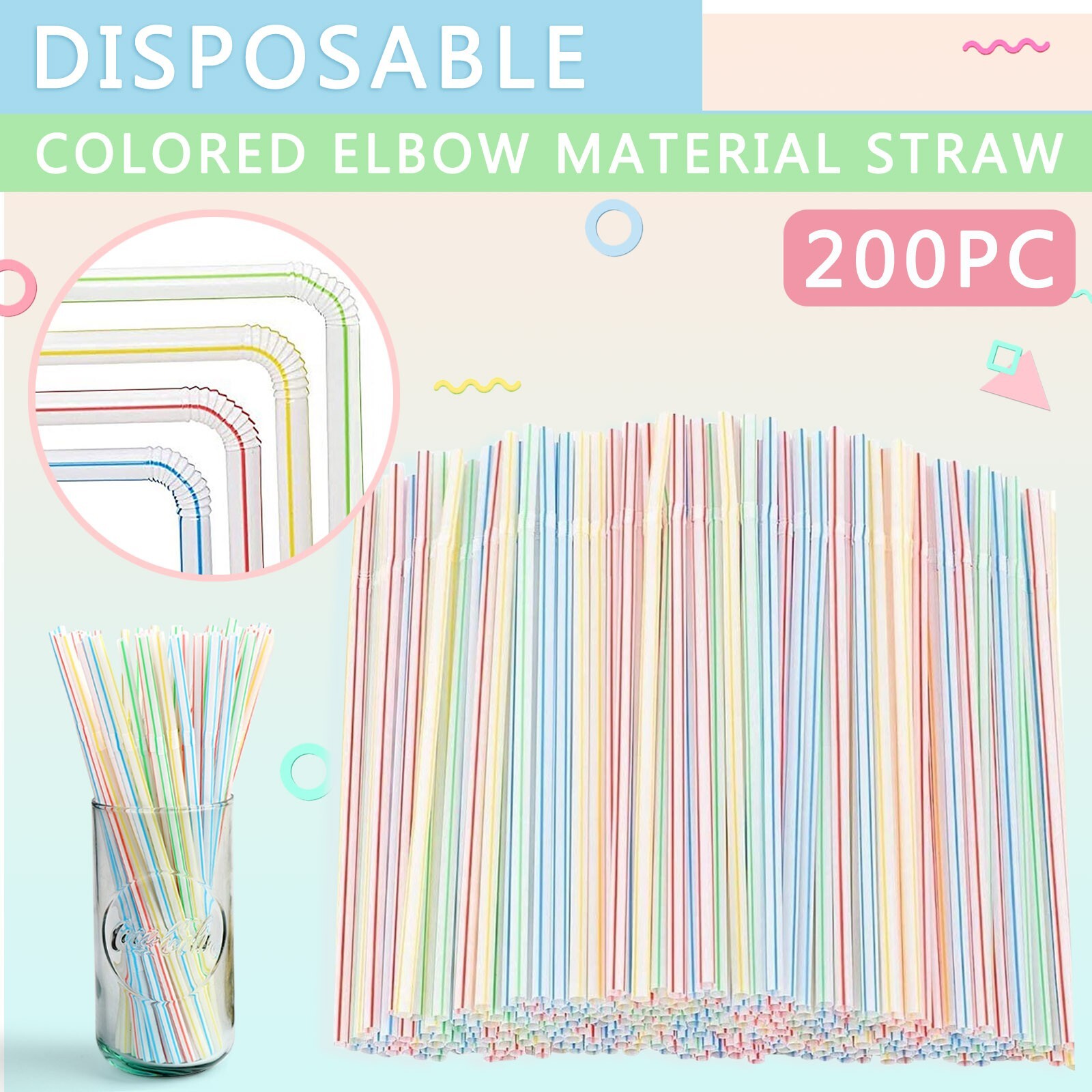 200PC Disposable Colored Elbow Material Straws Juice Drink Milk Tea Straws