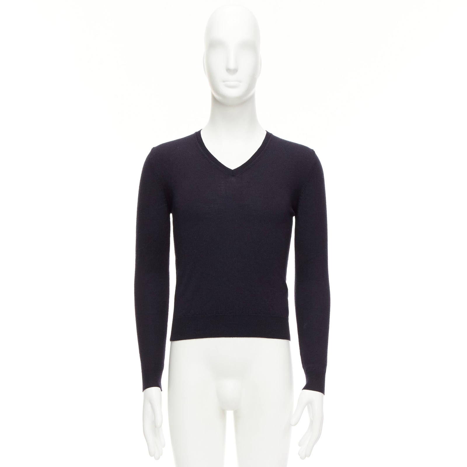prada Vネックニット PRADA 2010 navy wool long sleeve V-neck classic sweater IT44