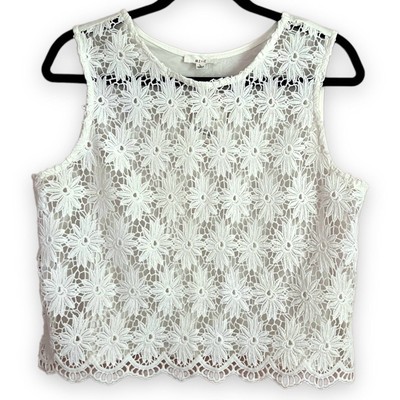 Mine White Floral Lace Front Tank Boho Crop Top Juniors Large L Daisy Crochet