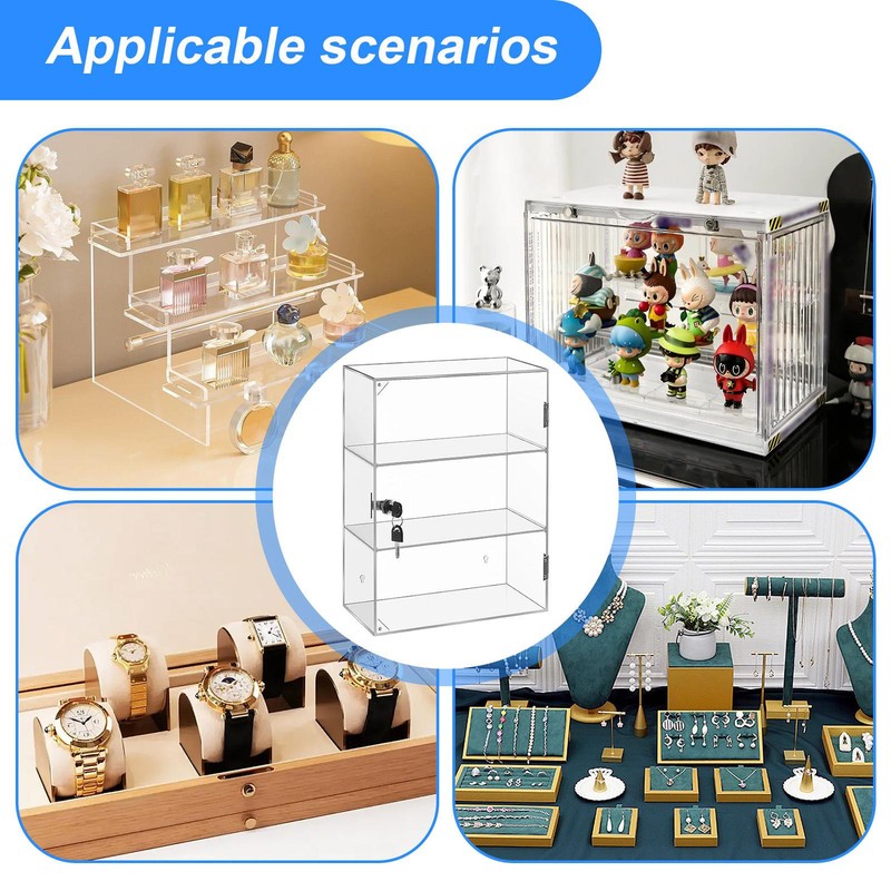 3 Shelf Acrylic Display Case with Lock and Keys, Clear Collectibles Showcase