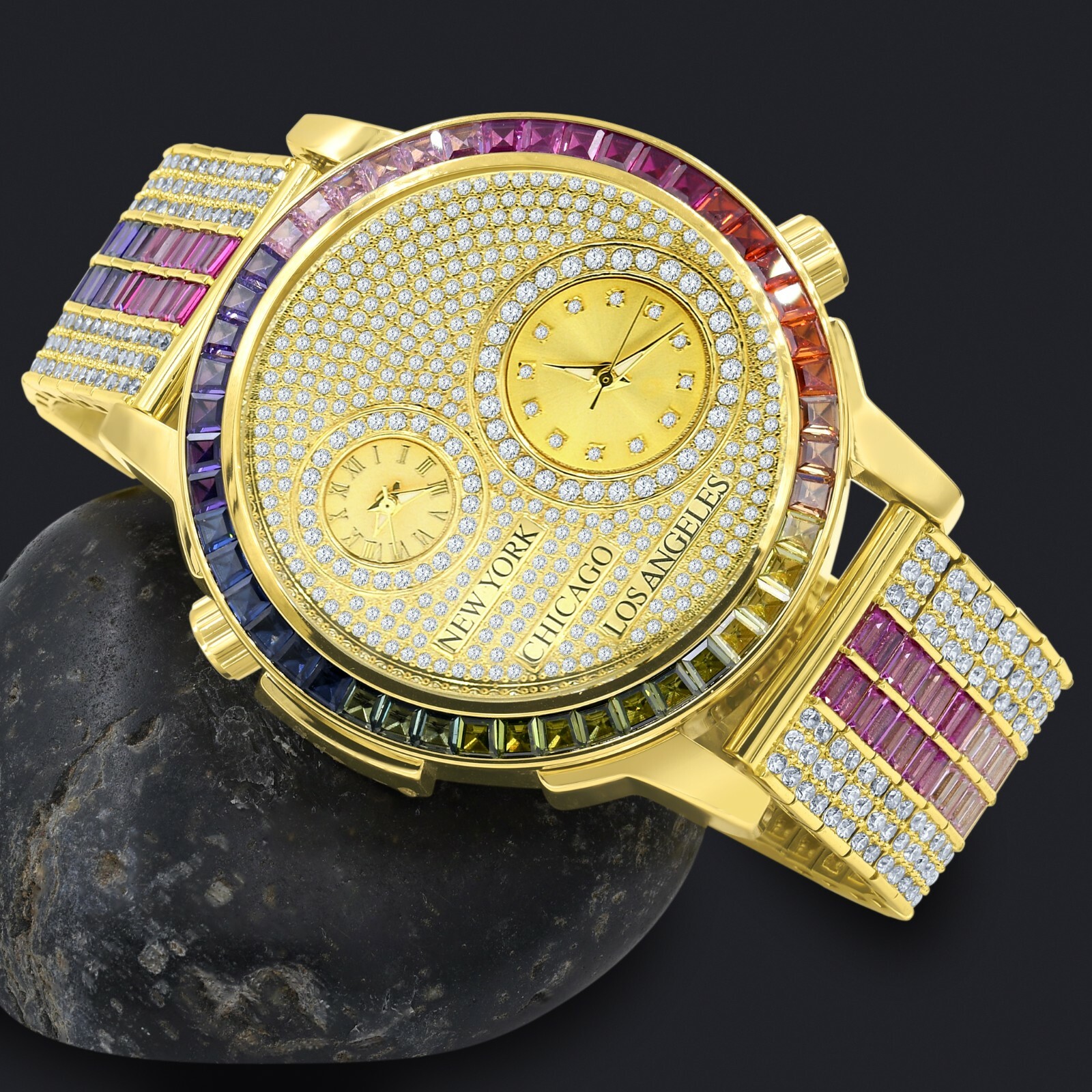 Pre-owned Ice Master Genuine Diamond Gold Tone 2 Time Zone Chronograph Baguette Rainbow Dial Watch