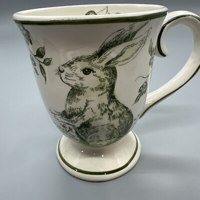 Maxcera Green White Toile Bunny Rabbit Rose Pedestal Mug Coffee Cup