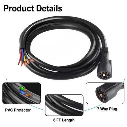 8FT 7-Pin 7-Way Trailer Cable Cord Wire Harness Plug For Trailers