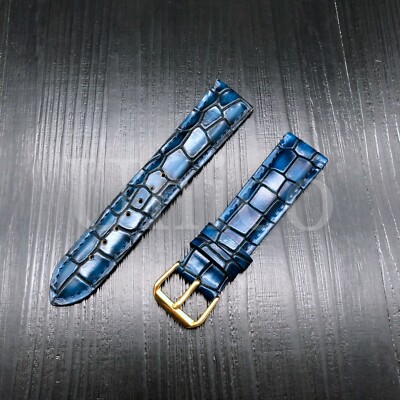 18MM LEATHER WATCH STRAP BAND FITS FOR OMEGA LIGHT BLUE STITCH GOLD