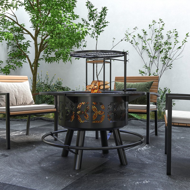 Outsunny Fire Pit BBQ Grill with Poker, Wood Burning Firepit,