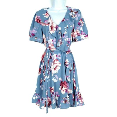 Jill Jill Stuart Womens Wrap Dress XS Blue Ruffled Floral Short Sleeve V Neck