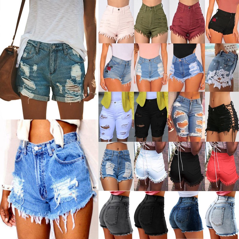 Damen Jeans Shorts Kurze Hose Destroyed Hotpants mit Hohem Bund und Nieten Damen Jeans Shorts Kurze Hose Destroyed Hotpants mit Hohem Bund und Nieten