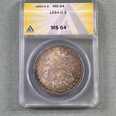 1884 O S$1 Morgan Silver Dollar Crescent Rainbow Tone Anacs MS 64 Slabbed Coin