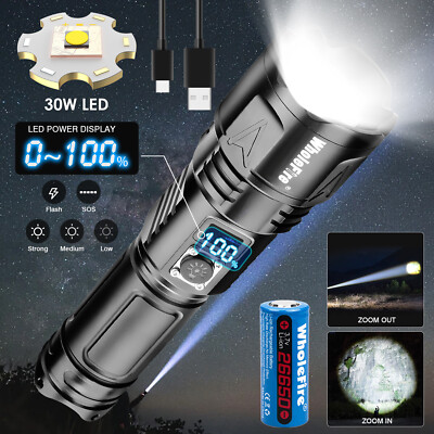5000000LM 30W LED Flashlight Rechargeable Super Bright Powerful Torch Work Light