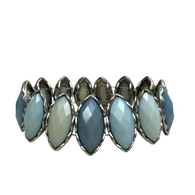 Silver Tone Blue Faceted Acrylic Bead Bracelet Stretch Fashion Jewelry Size 6.5
