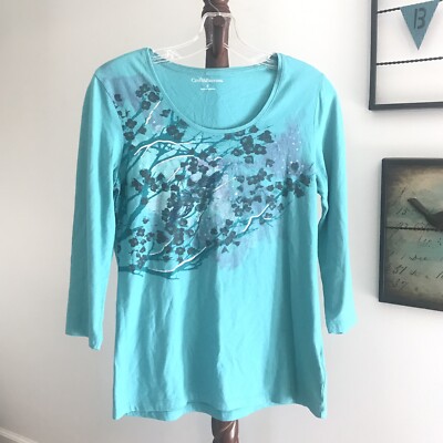 Croft & Barrow Women's S Green Teal Scoop Neck 3/4 Sleeve Flowers Metallic NWOT