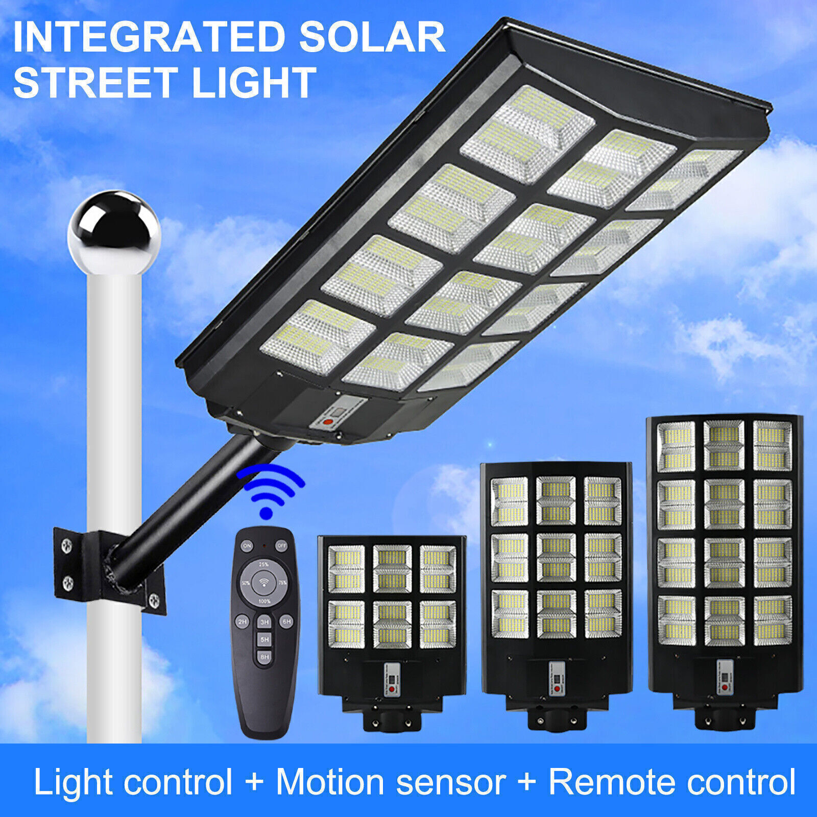 Outdoor Commercial 1600W LED Solar Street Light IP67 Dusk-to-Dawn Road Lamp+Pole