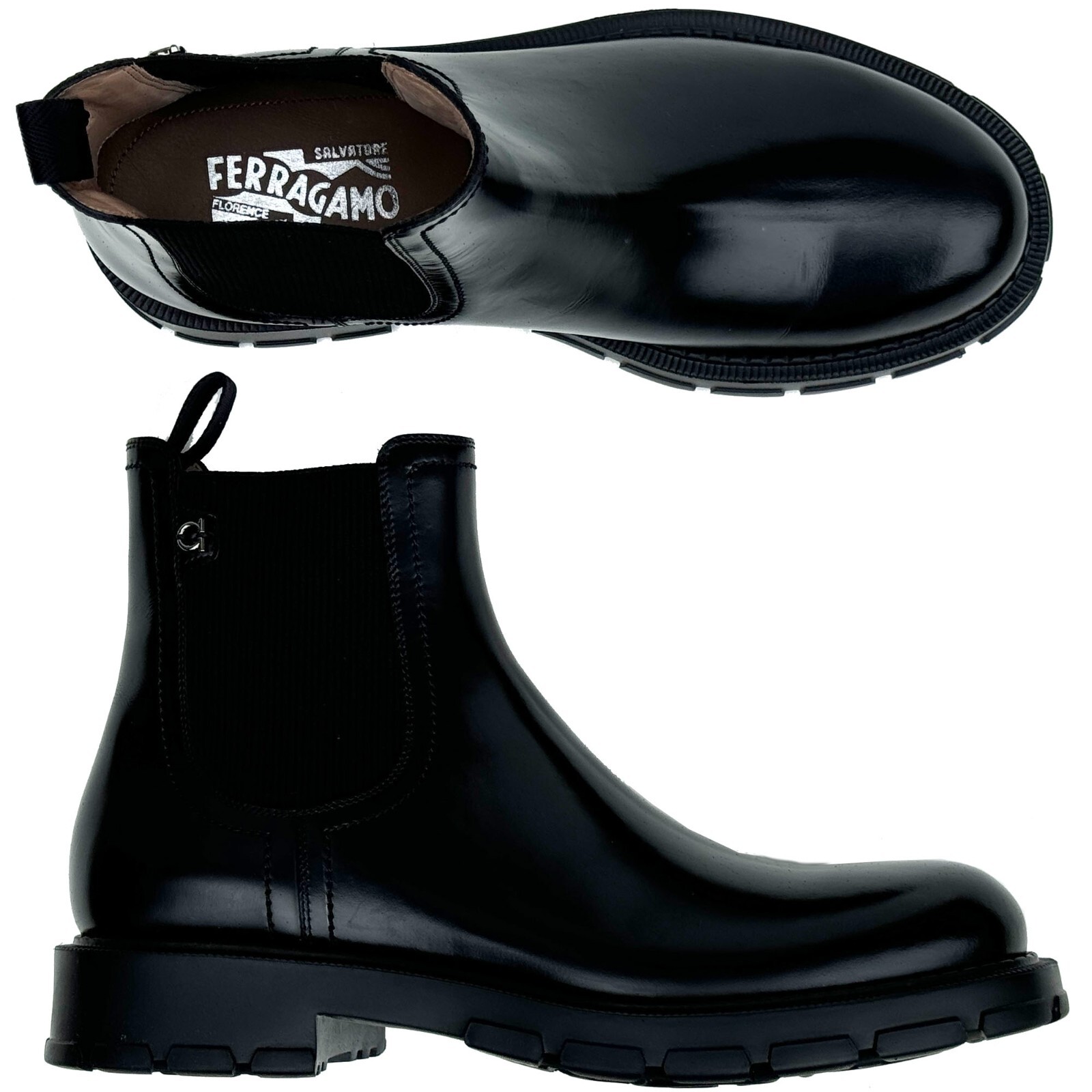 Pre-owned Ferragamo Men's Black Leather Formal Chelsea Ankle Gancini Boots Dress Casual