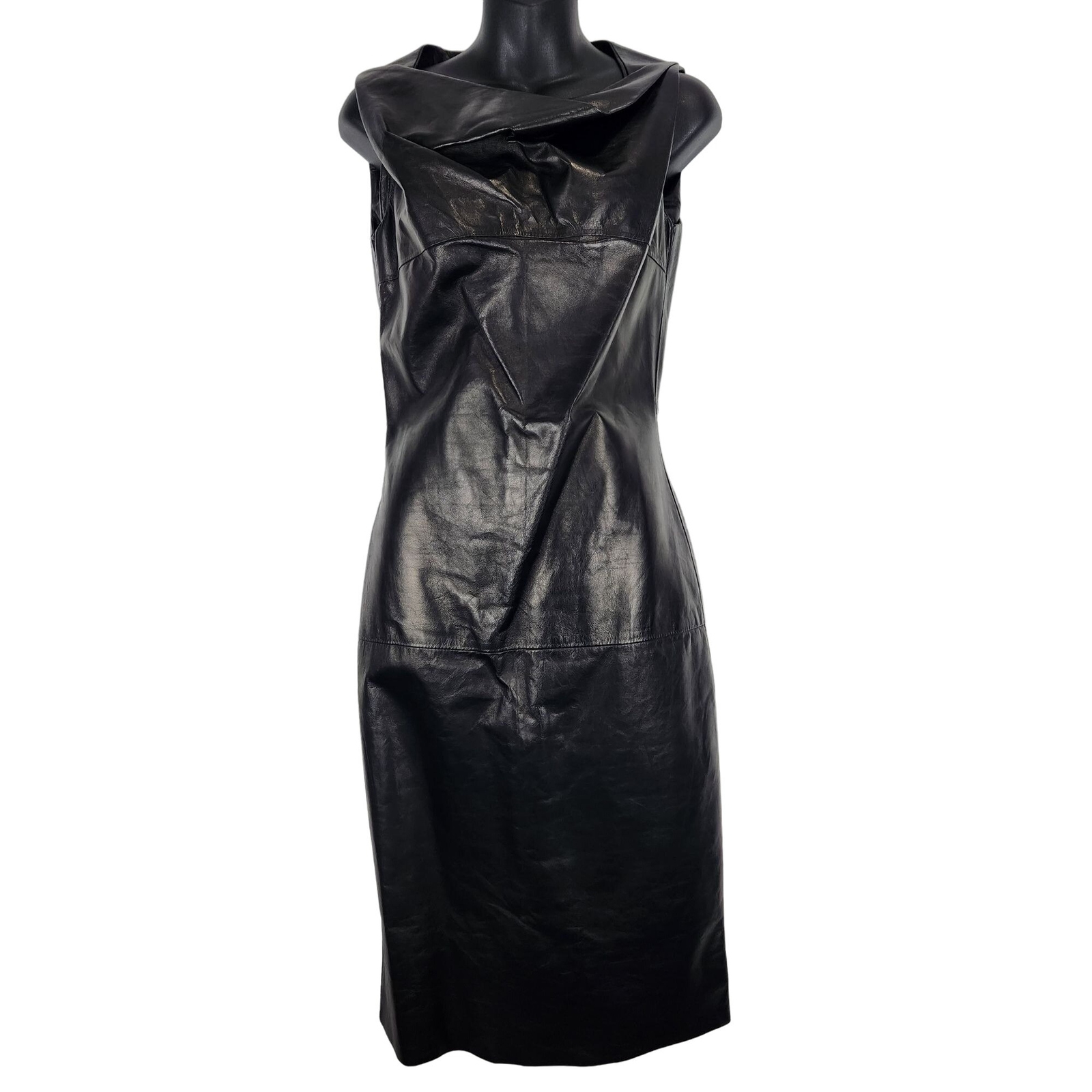 Calvin Klein Collection Ryan Leather Midi Sheath Dress 6 Black Drape Neck NWT