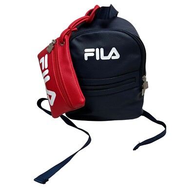 FILA Mini Backpack and Red Coin Purse Adjustable Strap Navy Blue White Women