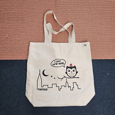 stain* Eco Bags I Love New York Owl Cityscape Twinko Cotton Tote Beige 15x15 P4a