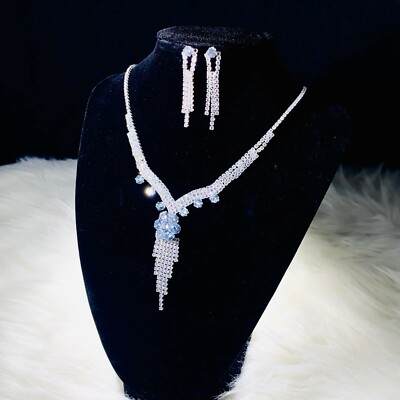 Necklace Earrings Set Bride Jewelry Crystal Rhinestone Jewelry for Women Silver