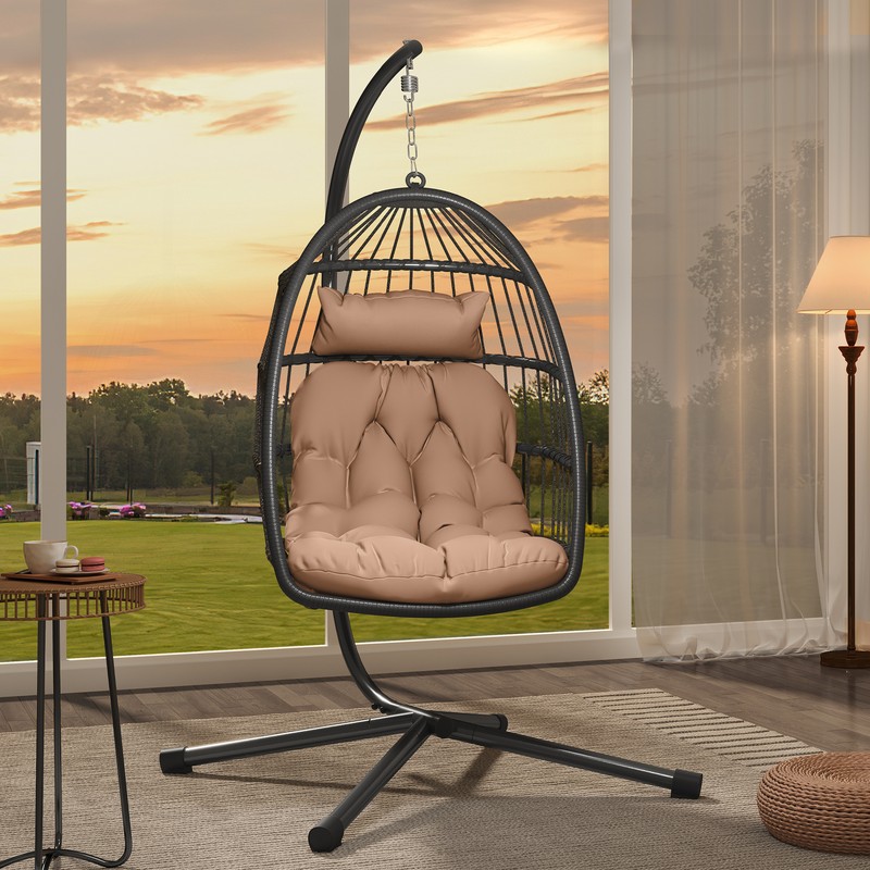 Wicker Hammock Patio Chair W/ Steel Stand + Cushion