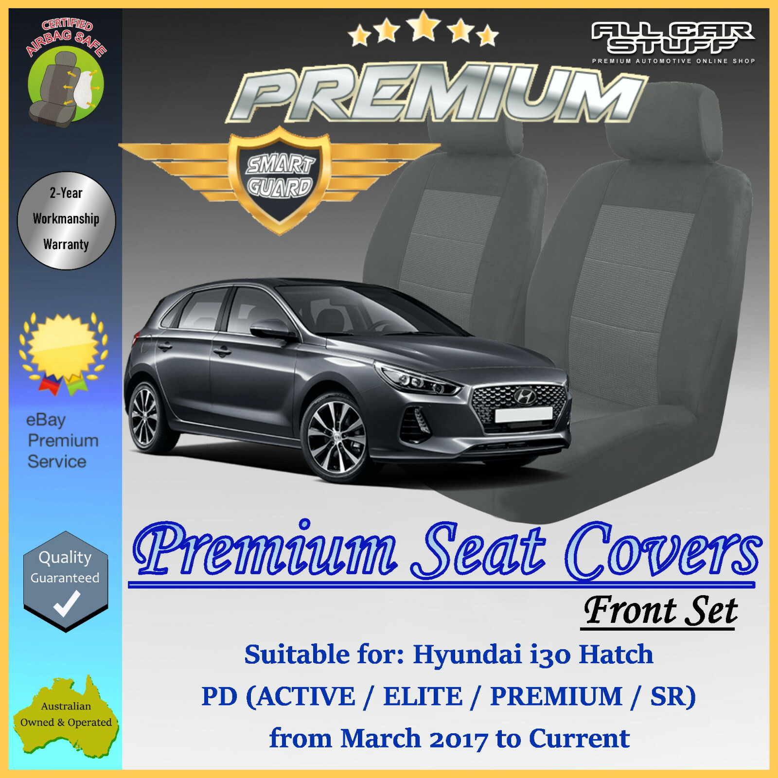 Premium Grey Front Seat Covers for Hyundai i30 PD Hatch from 03/2017
